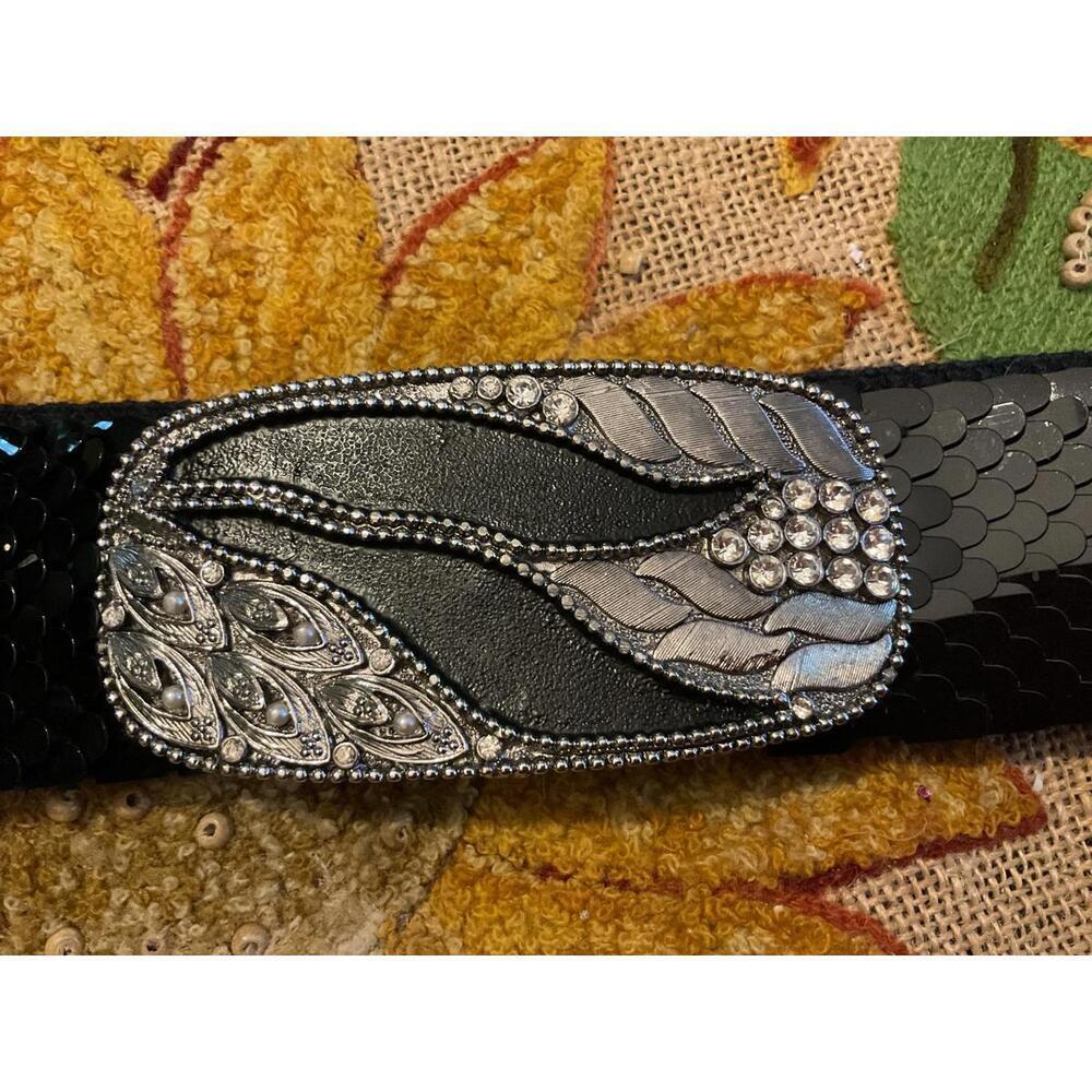 Vintage Elegant Black Sequined Belt with Decorative Silver Buckle - Picture 3 of 11